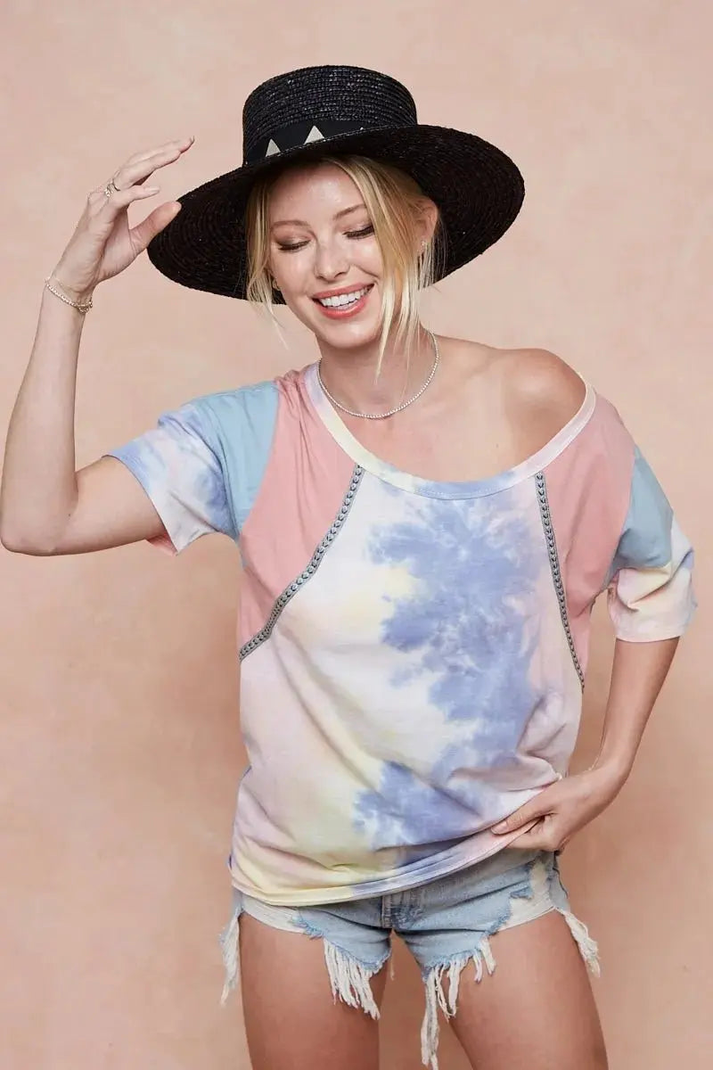 BiBi Tie Dye Printed Cotton Color Block T-Shirt for Women - Love Salve